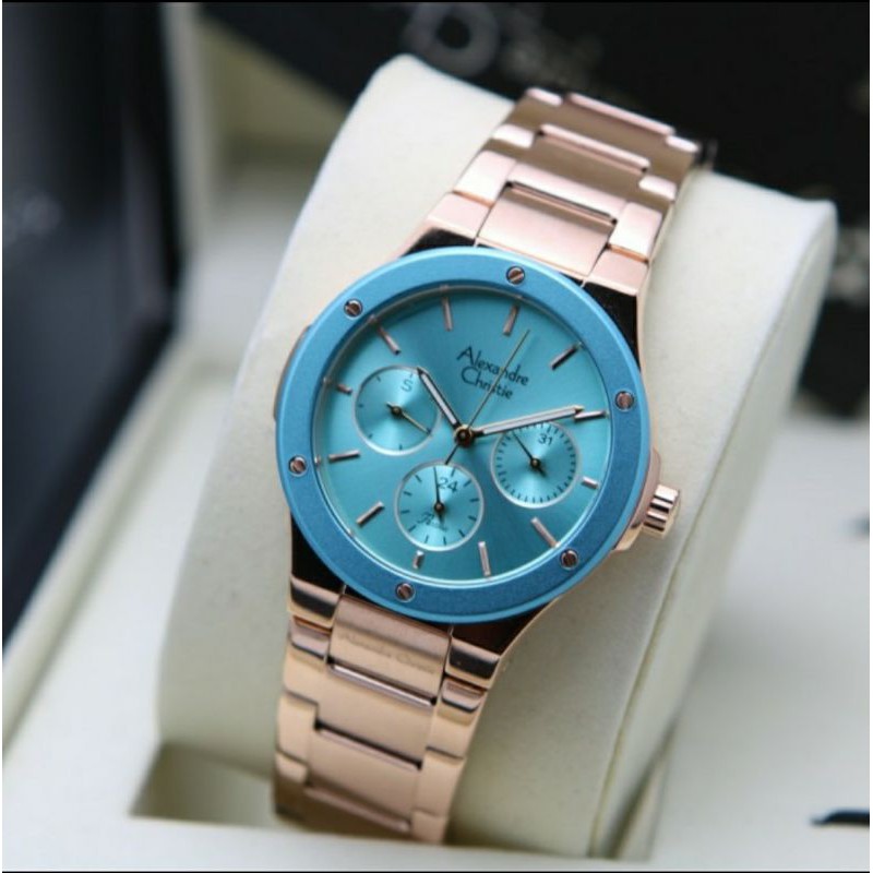ORIGINAL JAM TANGAN WANITA ALEXANDRE CHRISTIE CEWEK ROSEGOLD BLUE RANTAI ALEXANDER CRISTIE AC 2913
