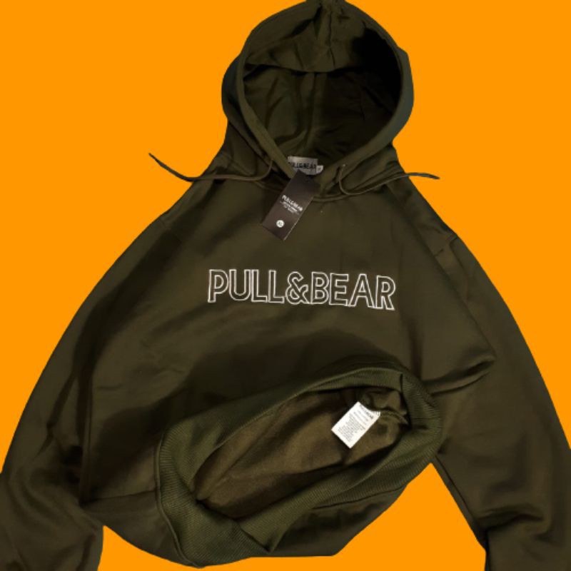 HOODIE PULL&BEAR LOGO TEKS BORDIR TIMBUL WARNA HIJAU ARMY SWEATER PRIA WANITA BISA COD OUTERWEAR