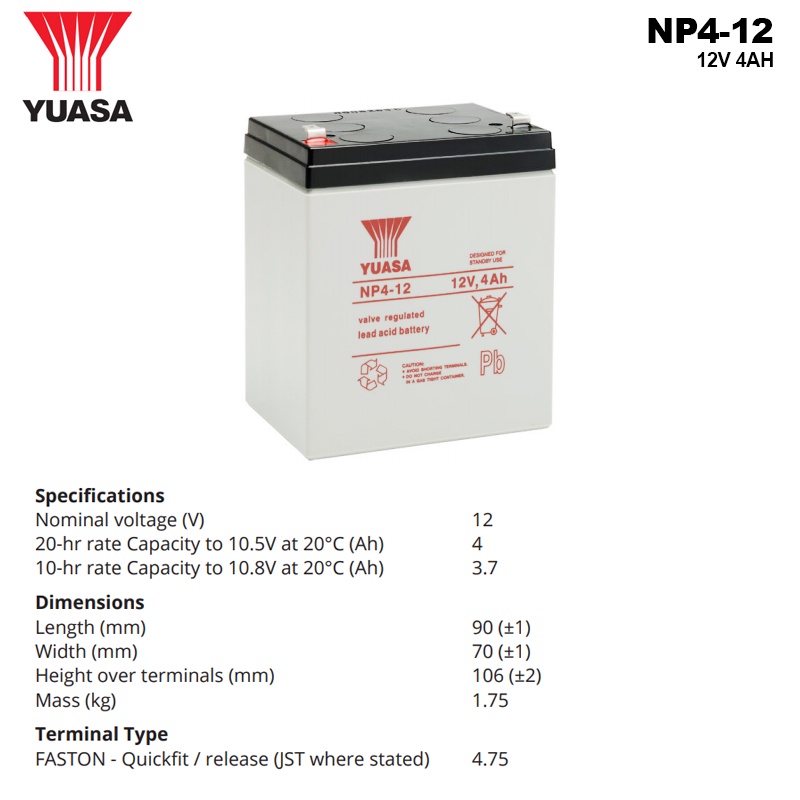 Aki Kering Yuasa NP4-12 - BATERAI BATRE BATERI AKI KERING  Yuasa 12V 4Ah