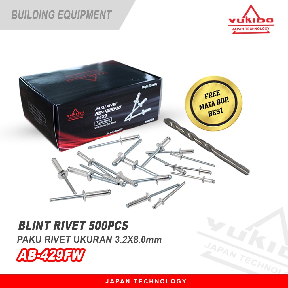 SIAP PAKAI YUKIDO PAKU  RIVET 1PACK RIPET ISI 500PCS 3.2X8.0MM FREE MATA BOR BESI 3.2MM