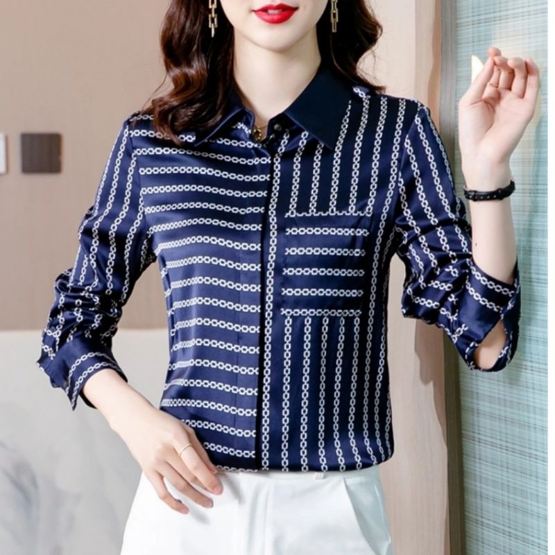 MDLV ~ 7122 Versania Hidden Button Shirt Women Line Shirt Premium Kemeja Garis Kemeja Satin Premium Kemeja Satin Lengan panjang Kemeja Casual Kemeja wanita Fashion Import