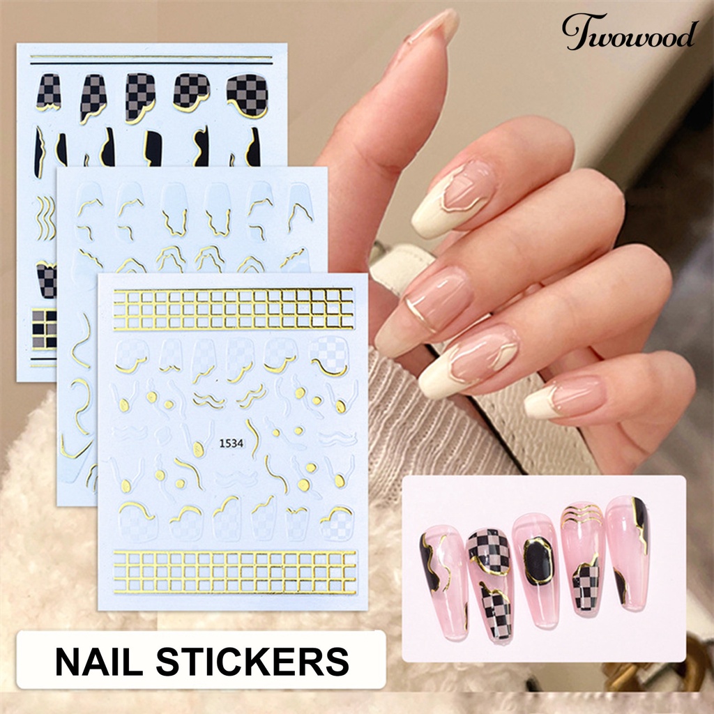 Twowood 1 Lembar Stiker Kuku Motif Kotak-Kotak Warna Emas Untuk Manicure / Nail Art Wanita