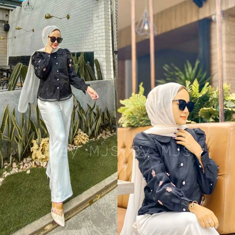 VIVORIE Atasan Organza/Blouse/Top Delia Hitam Import by MJS