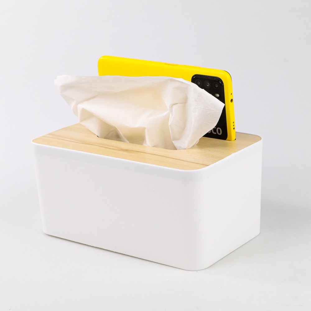 Kotak Tisu Kayu Tissue Box dengan Holder Smartphone - ZJ008 - 7RHXQ0WH White