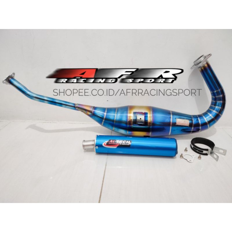 Knalpot Ninja R RR SS Aitech Bluemoon Silincer Aluminium las warna biru Moncong Dopcor CNC