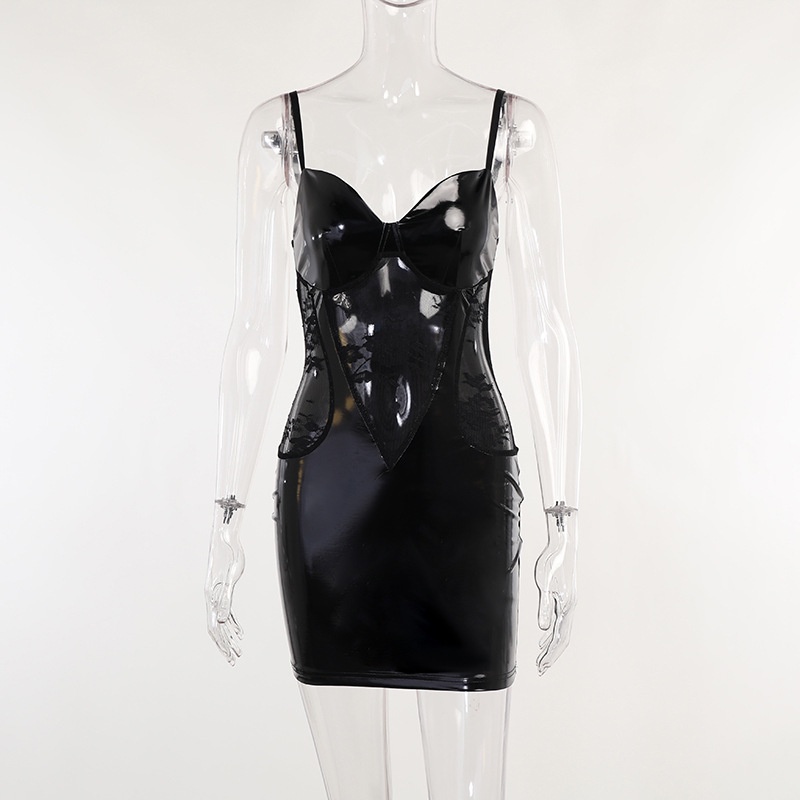 Gothic Women Bodycon Leather Mid Transparent Mini Dress 8533 (S/M/L)