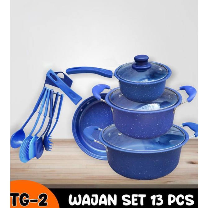 Favorit] Cod Promo Panci Set Teflon Marble 13 Pcs Cookware Set Tutup Kaca - Tg-2 Panci Navy