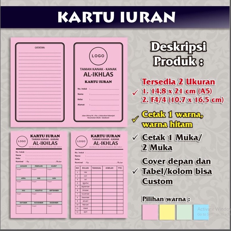 Kartu Iuran Spp /Infaq /Iuran Ngaji /Iuran RT/ Cicilan/ Arisan Custom