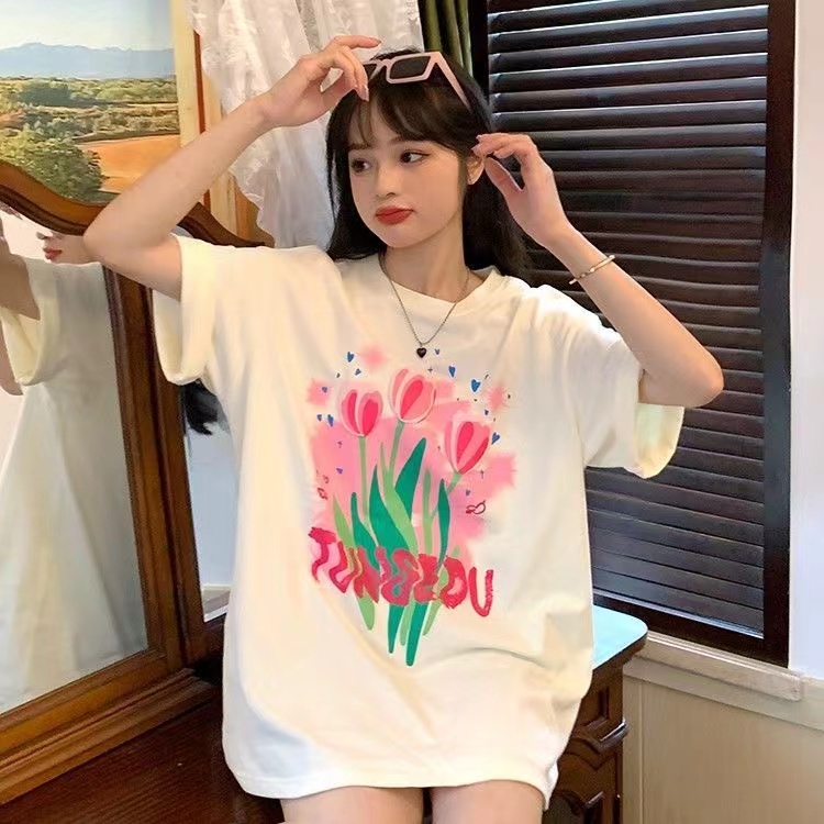 XIAOZHAINV Korean Style Tulip Pattern Washed Printing Kaos Wanita A0220