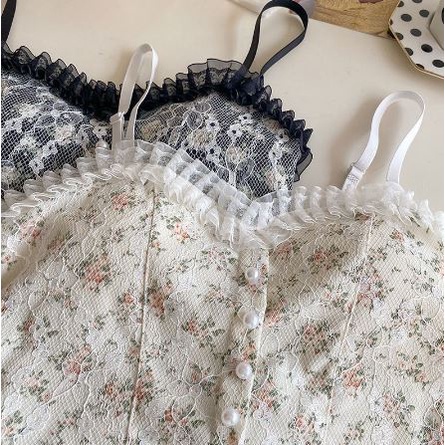 DF BR095 Bra Bh Tanktop Crop Korean Lace Floral Vintage Wanita Motif Bunga Retro Gaya Korea