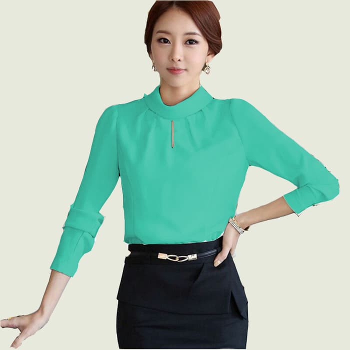 Blouse Wanita - Atasan Wanita - Blus Sifon Blus Model Korea Leher Tinggi Tangan Panjang - Putih