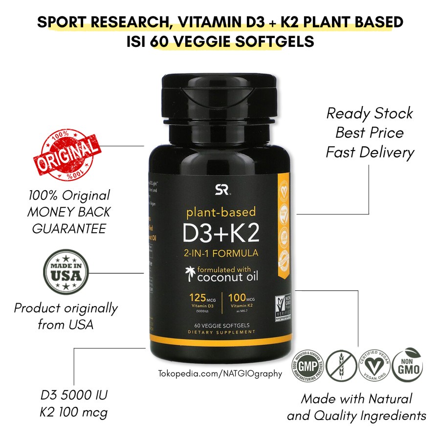 SR Sports Research - Vitamin D3 K2 - Plant Based - 60 Veggie Softgels
