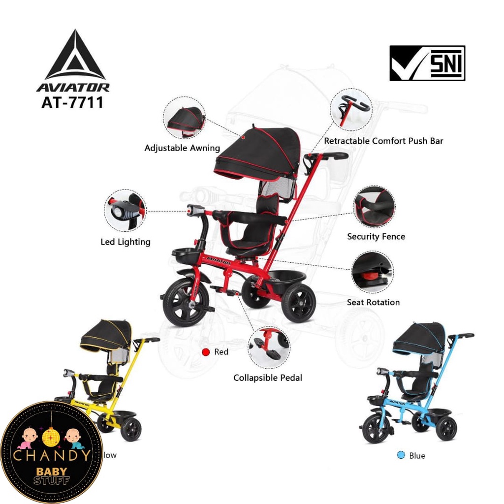 SEPEDA ANAK RODA TIGA AVIATOR AT 7711 ( KURSI BISA PUTAR, LAMPU DAN MUSIK )