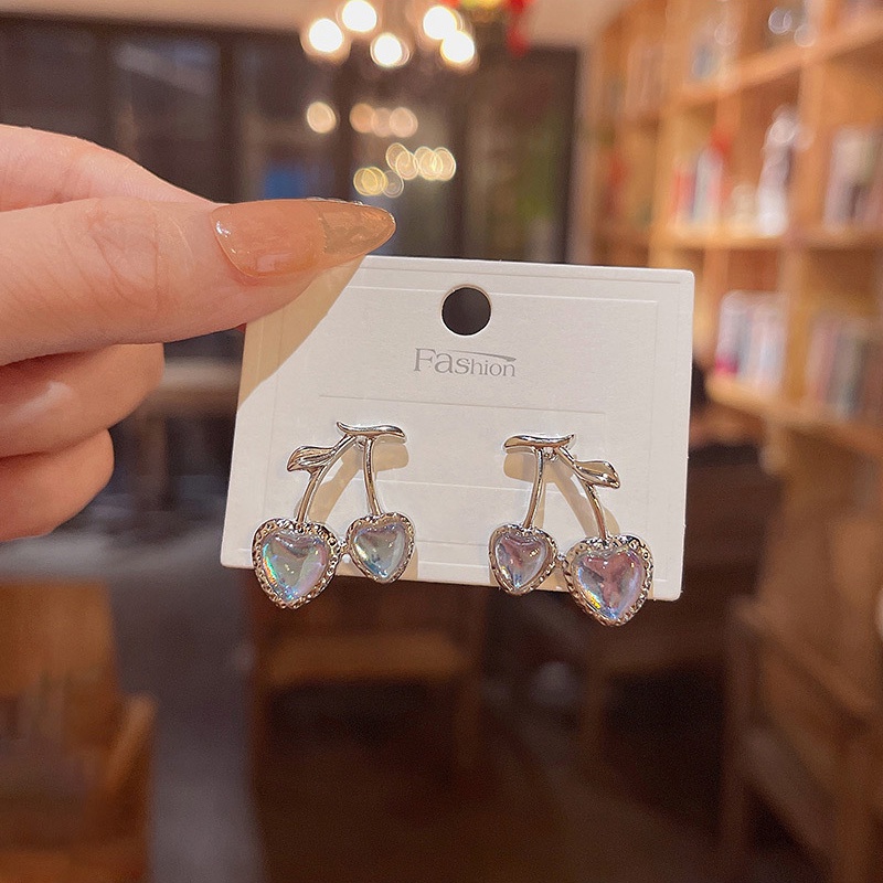 Anting Stud Desain Cherry Moonstone Bahan 925 silver needle Untuk Anak Perempuan