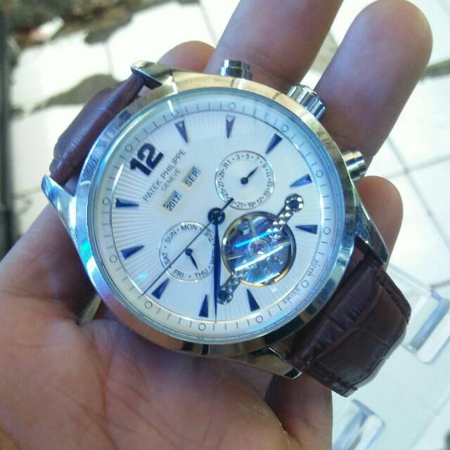 PROMO JAM TANGAN PRIA PATEK PHILIPPE METIK TALI KULIT COKLAT CHRONO,HARI,BULAN TAHUN AKTIF