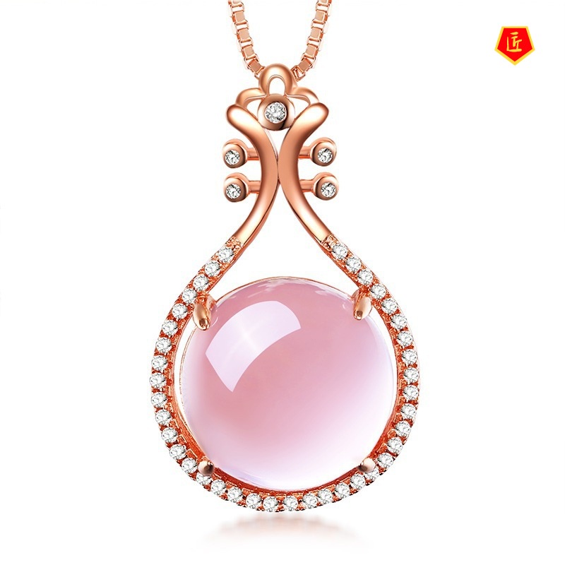 [Ready Stock]925 Rose Gold Necklace Female Pink Crystal Pipa Pendant Simple Fashion