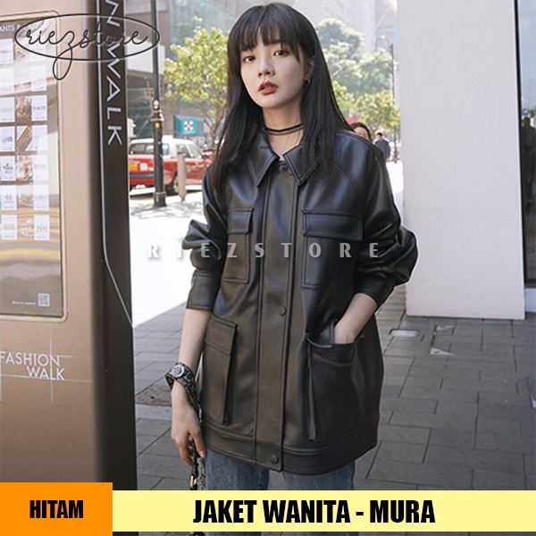 MDN x MURA - Jaket Kulit Sintetis Oversize Wanita Saku Pocket Bigsize Besar Tebal Leather Jacket OOT