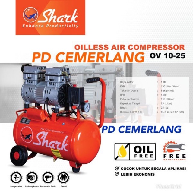 Kompresor silent tanpa oli portable 1 hp shark oilless