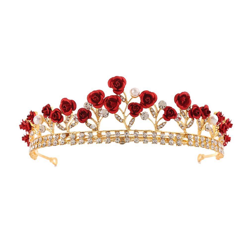 Needway Tiara Pengantin Perhiasan Pernikahan Vintage Warna Emas Bando Mawar Merah Berlian Imitasi Rambut Mahkota