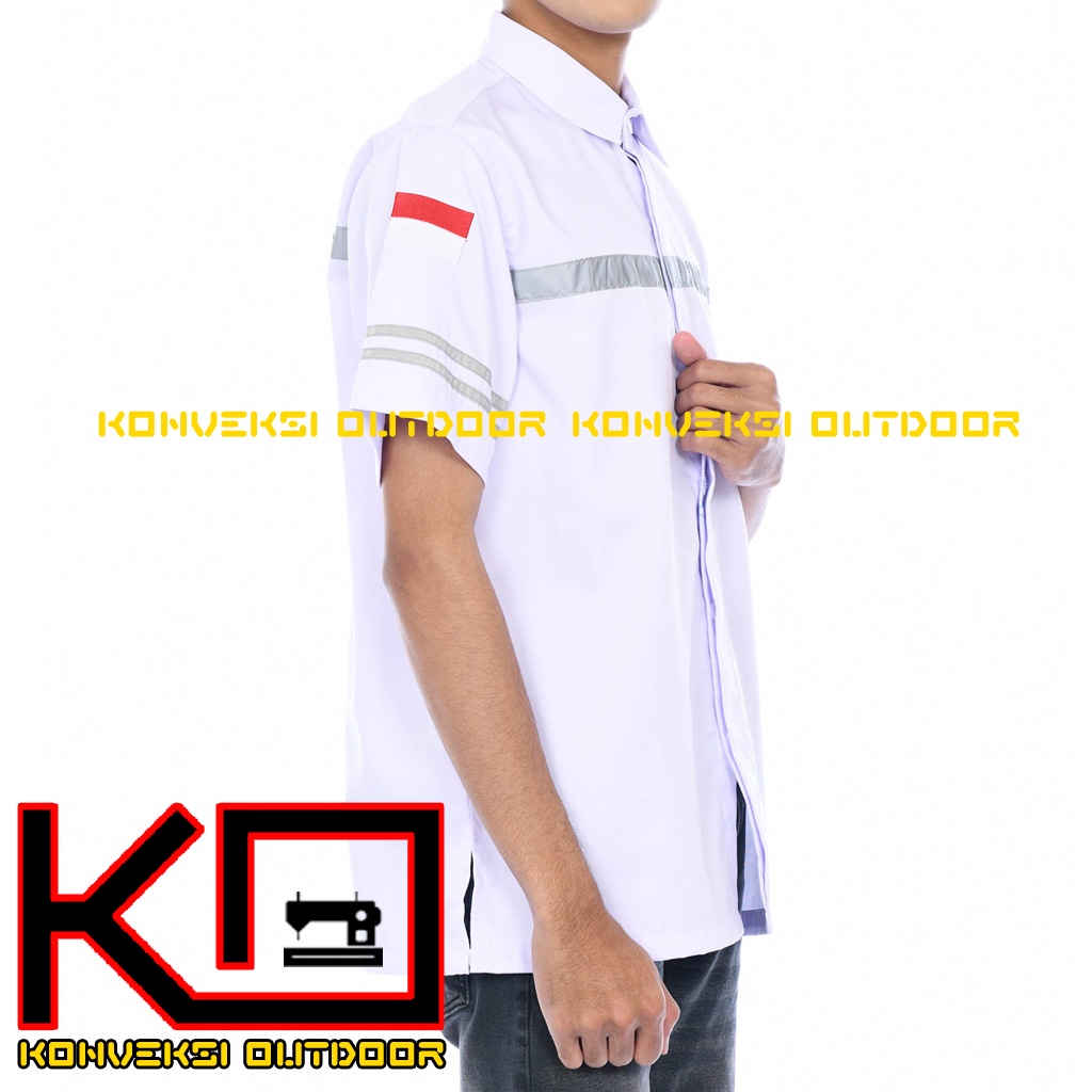 KEMEJA WEARPACK BAJU SAFETY K3 OUTDOOR INDOOR - Seragam Kemeja Kerja Lapangan Lengan Pendek Proyek Bangunan Tambang Alat Berat PLN Enginer Instalasi Mesin werpek sefti Scotlit Warna Putih Konveksi Outdoor