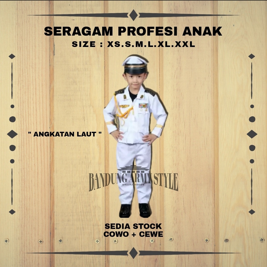 BAJU SETELAN TNI AL ANAK LAKI LAKI DAN PEREMPUAN / ANGKATAN LAUT ARMY COWOK CEWEK / KOSTUM PROFESI ANAK / SERAGAM CILIK / KARNAVAL 17 AGUSTUS / POLISI ANAK / COD