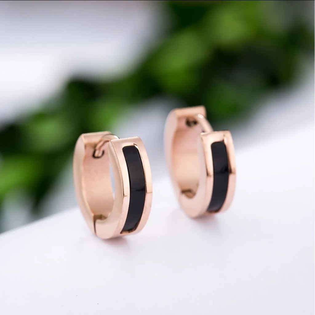 Anting Jepit Titanium Hitam/Putih Round Hoop Shell Warna Stell Rose Gold, Gold dan Silver