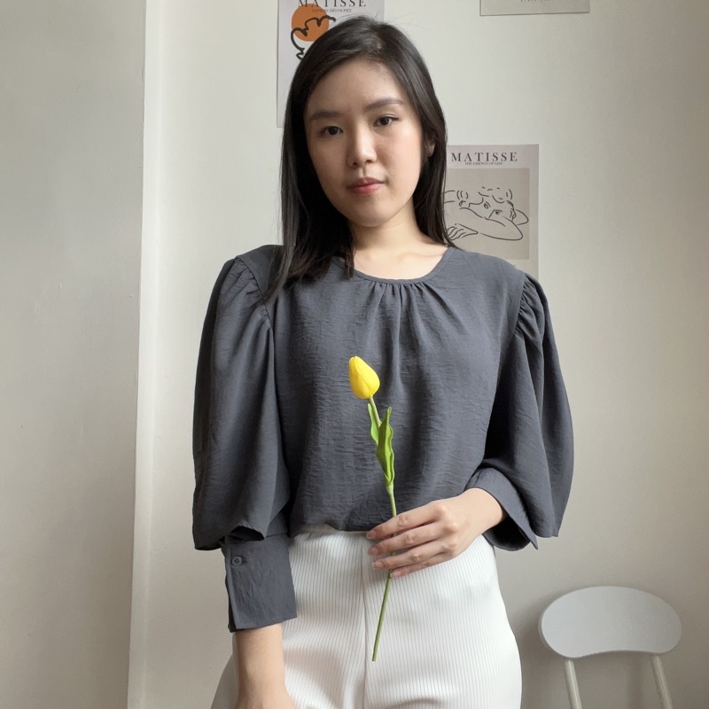 MSMO Denise Blouse Puffy Sleeve / Atasan Wanita / Blouse Wanita / Kaos Wanita / Top Wanita / Blouse Wanita-Dark grey