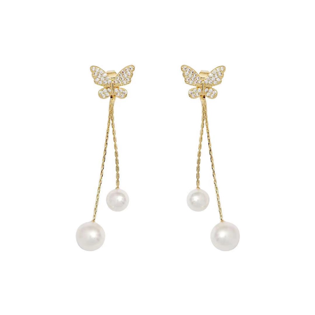 Gaya Korea 925 jarum perak Super fairy tertanam Berlian kupu-kupu kancing internet pengaruh panjang