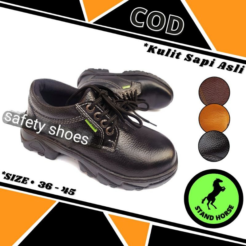 Sepatu Safety low Stand Horse Ujung Besi - Septi Shoes Kerja Lapangan Kulit Sapi Asli Termurah