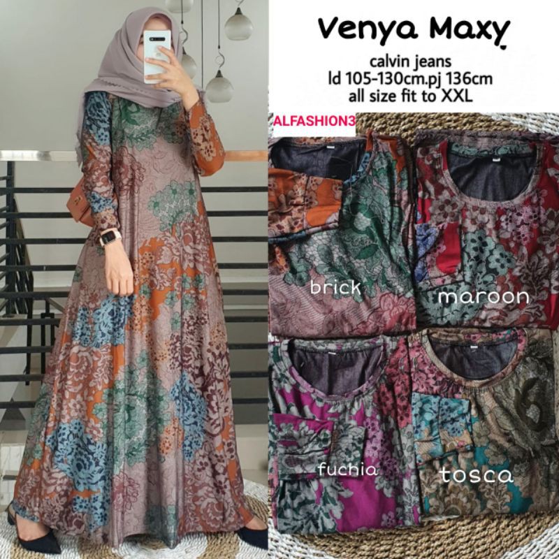 Gamis batik calvin jeans jumbo venya dress maxy LD 110 Bahan calvin jeans super melar