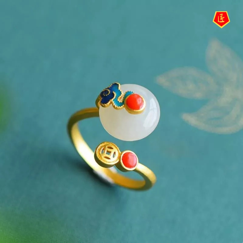 Chinese Style Retro Xiangyun Ring Female Ancient Style Enamel Painted Hetian Jade Fashion Personalized Tail Ring