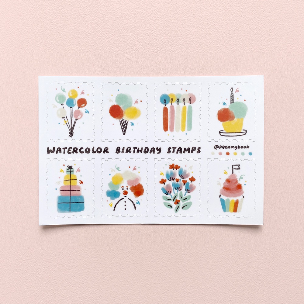 

Stiker Peekmybook Watercolor Birthday Stamps / Stamps Lucu / Peekmybook Stamps Stickers / Stiker Perangko / Stamp Stiker / Stiker Postcrossing / Stiker Pen Pal