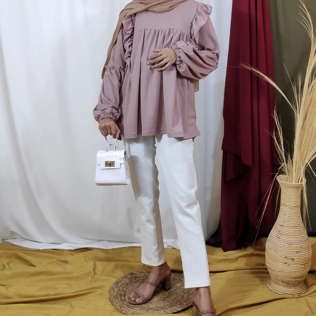 Blouse Wanita Lengan Panjang Kekinian Rumbai Gina LD 106cm Pjg 70cm FIt XL-XXL-Mauve Pink