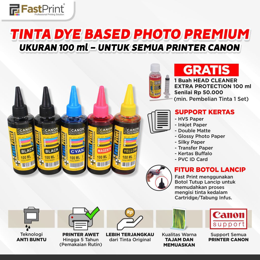 Tinta Dye Based Photo Premium 100ML Printer Canon 1Set 5Warna