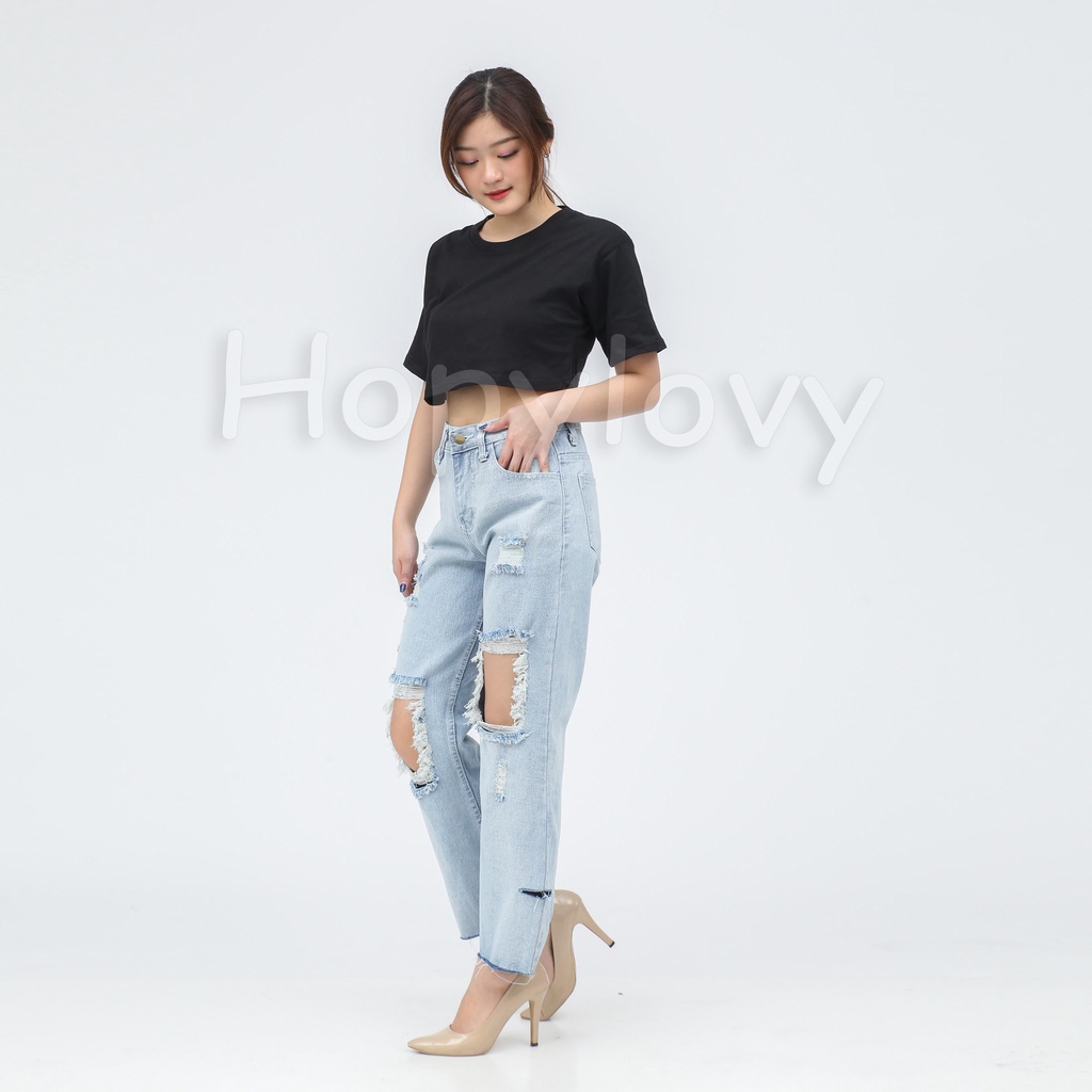 HOPYLOVY Celana Loose Jeans Ripped Boyfriend Jeans Sobek Destroy Wanita Highwaist Adine