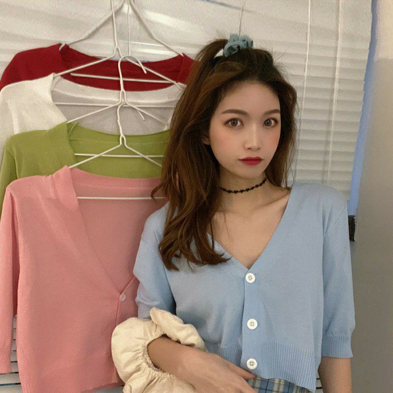 Cardigan Crop Top Model V-neck Lengan Pendek Bahan Tipis Untuk Wanita