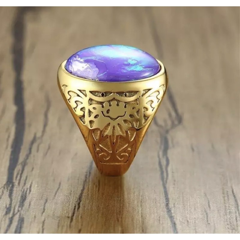 Cincin Pria Akik Opal Kalimaya Ring Berbahan Titanium Gold Mewah Original Anti Luntur dan Karat