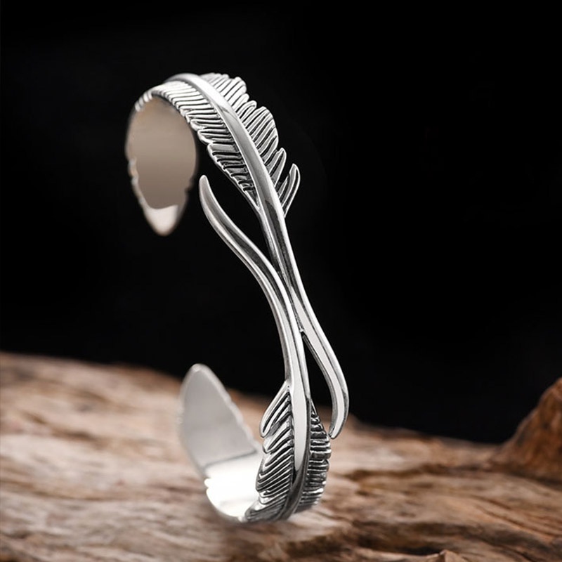 s925 silver retro leaf feather opening adjustable men and women bracelet jewelry gift factory wholesale in stock