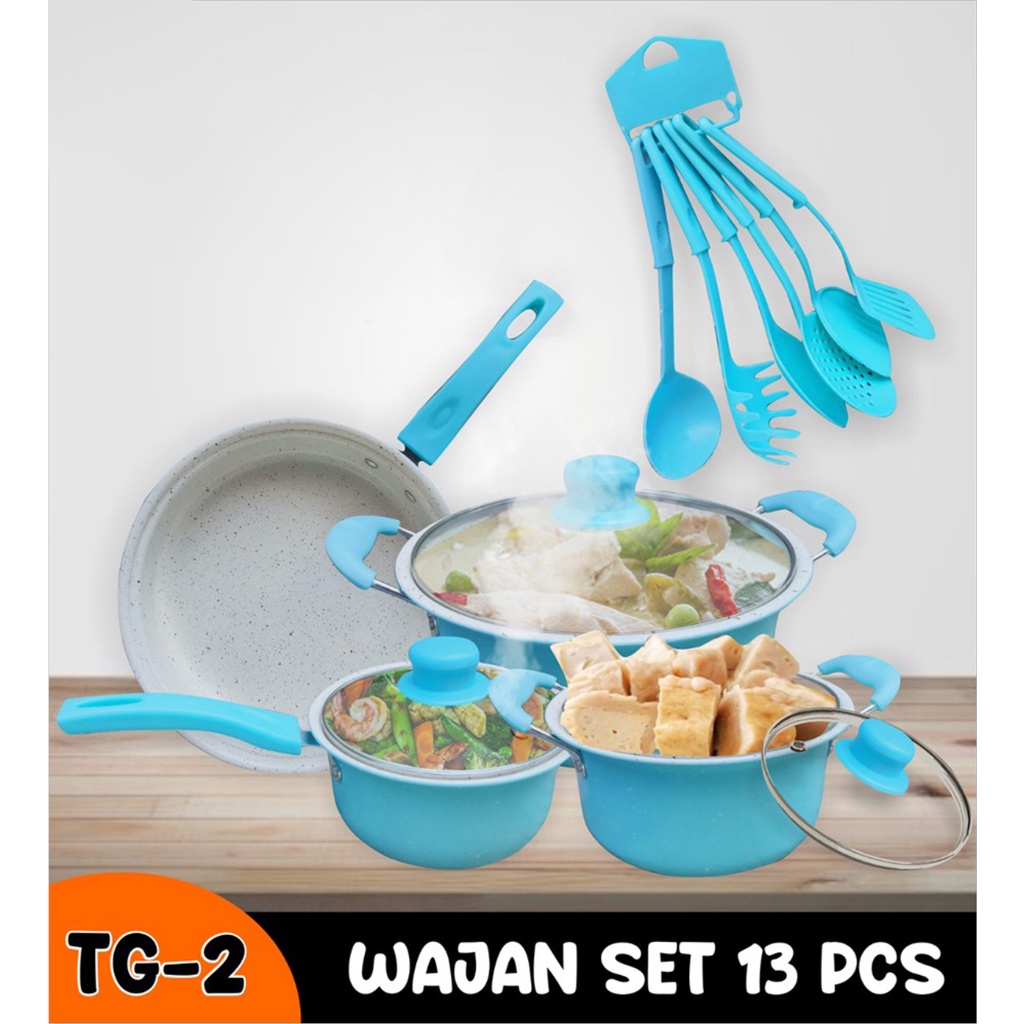 Panci Set Teflon Marble 13 Pcs Cookware Set Tutup Kaca TG-2 -WH