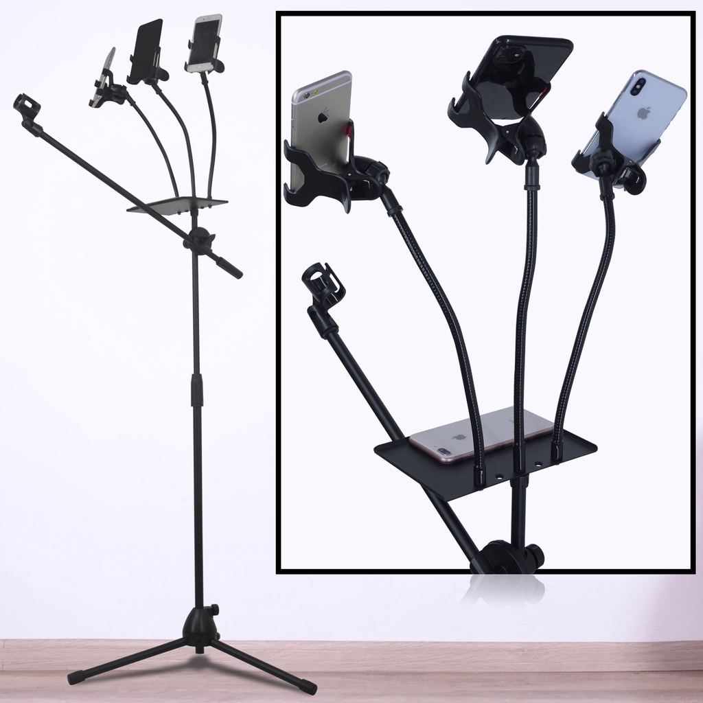 Stand Mic Microphone Clip On Degree + Holder Hp + Tray Soundcard Microphone Stand Lantai 5 IN 1 With Sound Card V8S