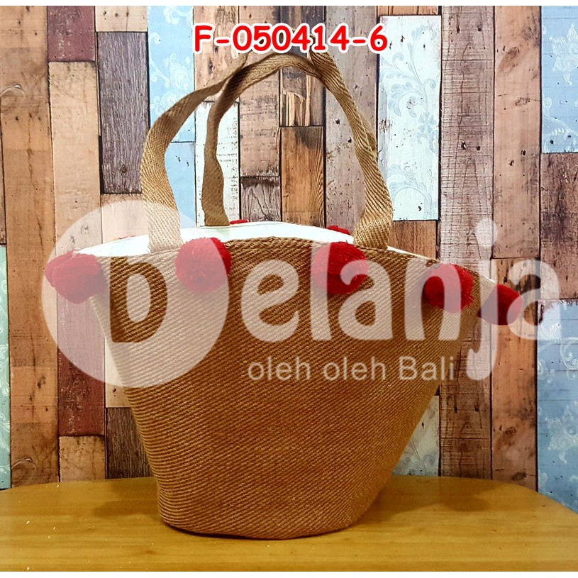 Tas Vintage Goni Besar Pompom / tas anyaman tas piknik prawedding