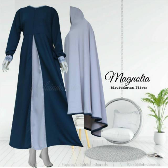 Set Gamis cadar Magnolia biru toska tua-silver