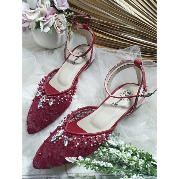 flatshoes merah marron tali jaring