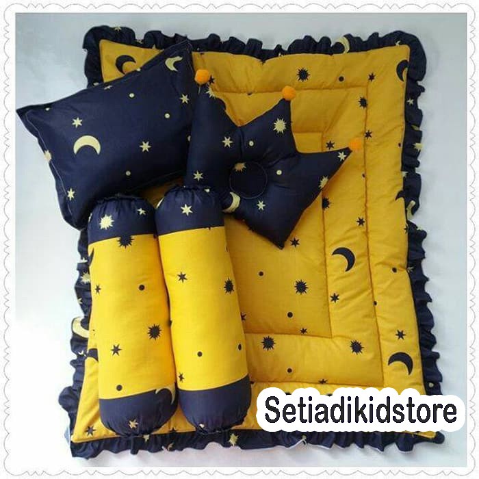 Set Bed Cover / Selimut Bayi With Rumbay | Bantal Guling dan Bantal Bayi Crown motif Star Moon