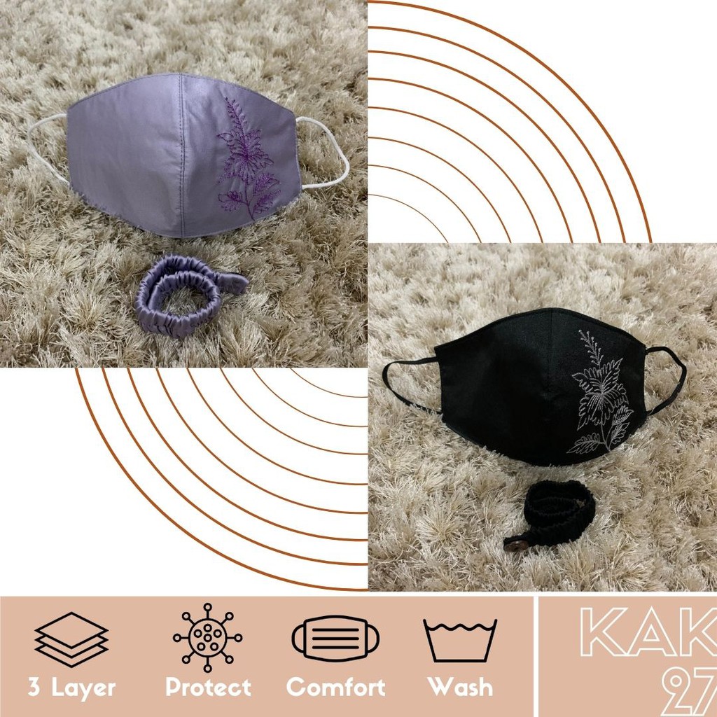 MASKER BORDIR KAIN SATIN MAXMARA 3 LAPIS - MOTIF KEMBANG SEPATU