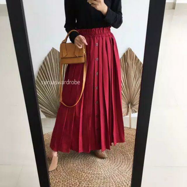 exclusive rok rempel kancing depan/rok plisket bahan moscrepe