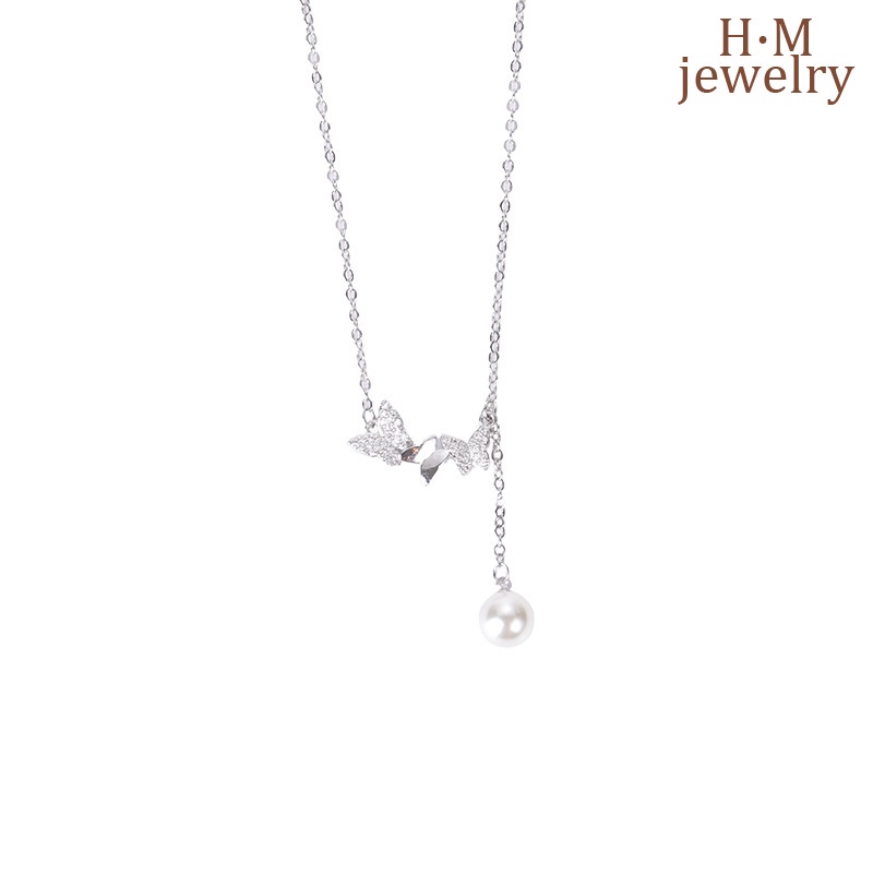 2022 Kalung Rantai Dengan Liontin Kupu-Kupu + Mutiara + Berlian Imitasi Untuk Wanita