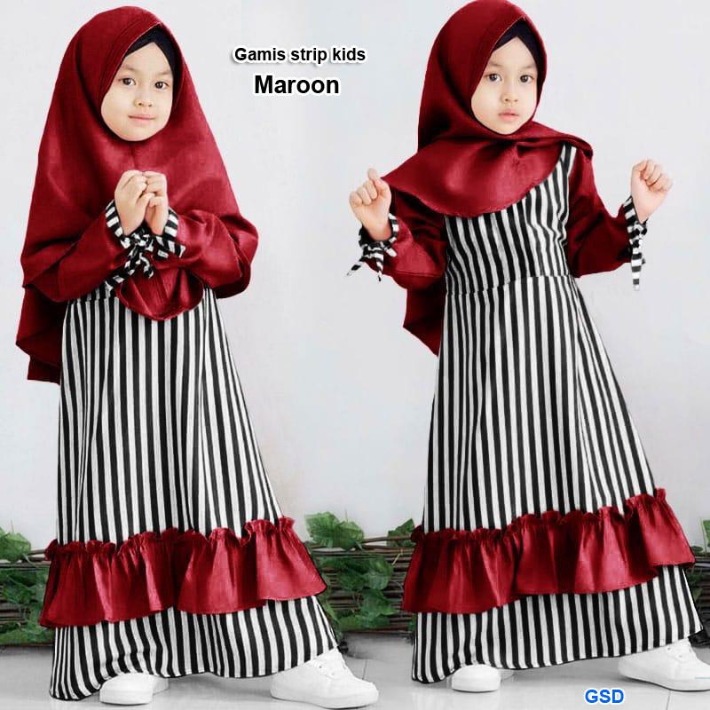 Gamis strip kids/maxi dress muslim anak/gamis+bergo instan/baju muslim anak stripe murah