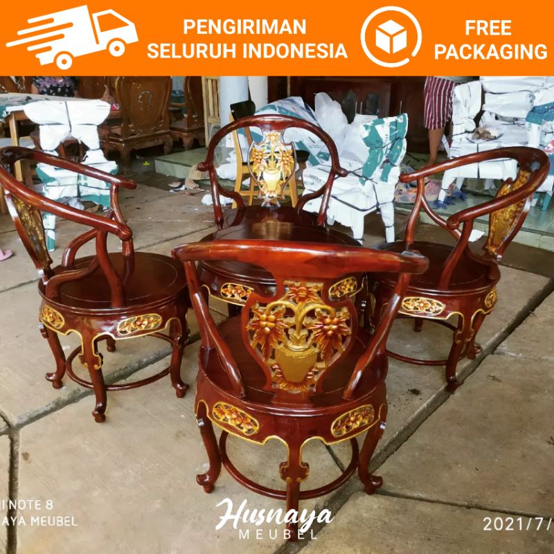 KURSI TAMU SWANCI MODEL UNIK KAYU JATI 4 KURSI DAN MEJA / KURSI TAMU UKIR KAYU JATI