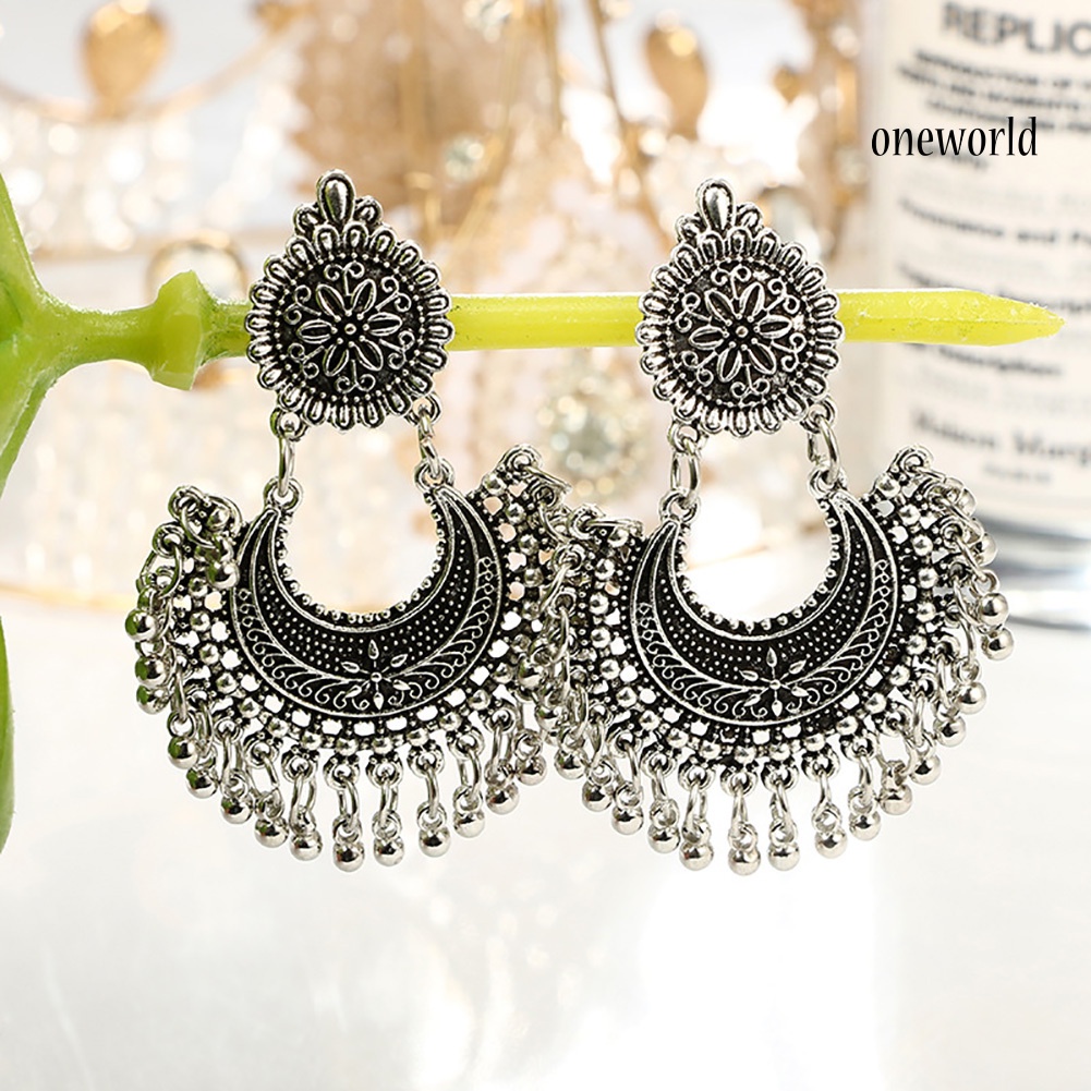 OW@ Bohemian Semicircle Round Balls Tassel Carving Flower Women Dangle Stud Earrings